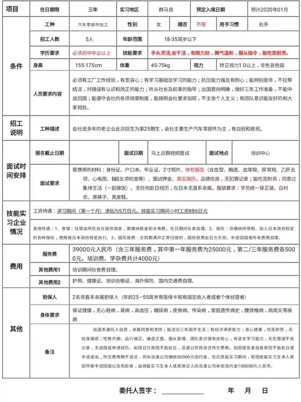 日本三年期汽車部品加工女工