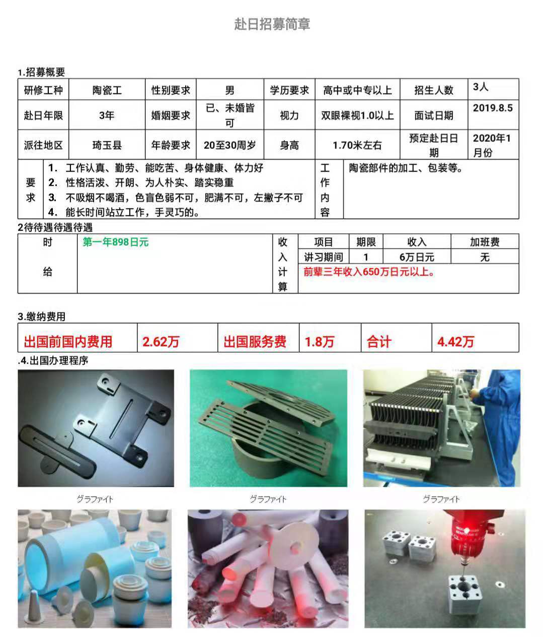 赴日本三年期陶瓷加工男工