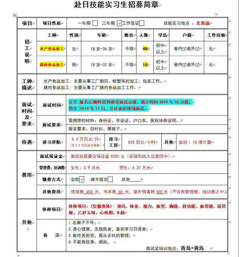 赴日本三年期水產(chǎn)加工、雞肉加工男女工