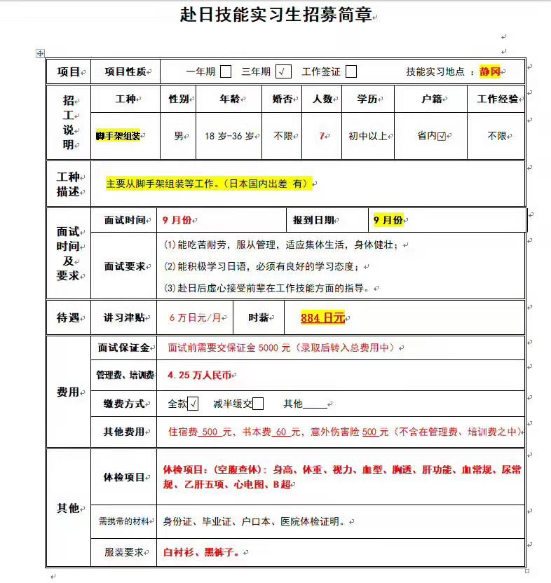 赴日本三年期腳手架組裝男工