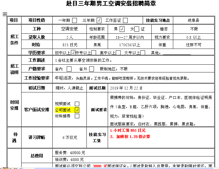 赴日本三年期男工空調(diào)安裝招聘簡章