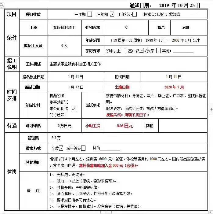 日本三年期女工食品加工類訂單