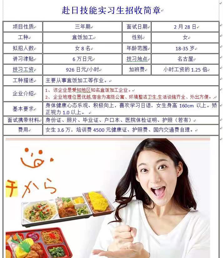 日本三年期女工食品加工類訂單