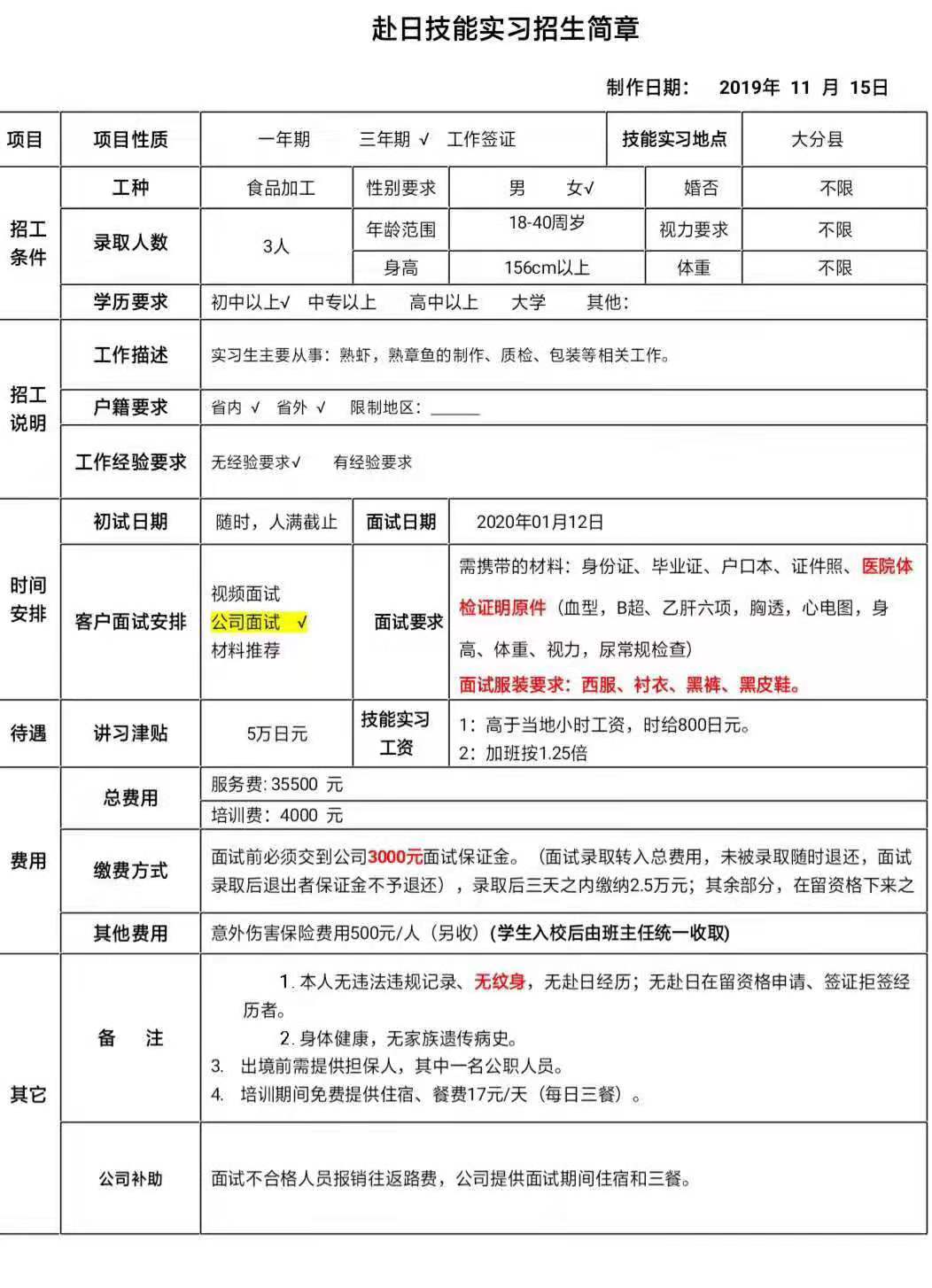 日本三年期女工食品加工類訂單