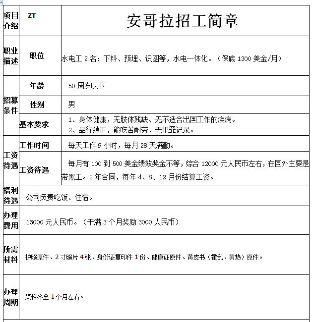 安哥拉水電工招工簡章